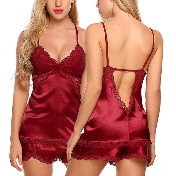 2pcs women lingerie sleeveless silk lace sleepwear set, Blue;gray