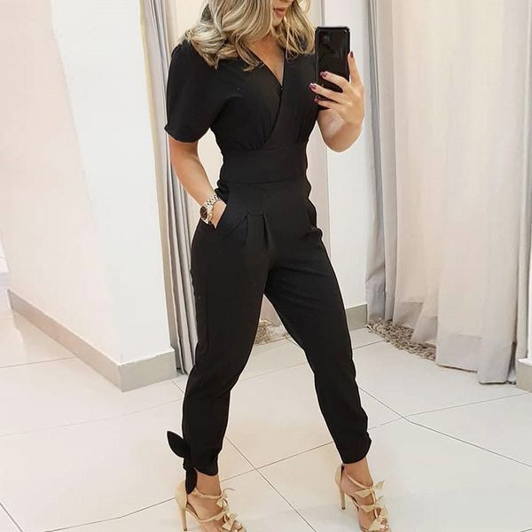 women v neck short sleeve solid jumpsuit 2019 summer pockets lace up office rompers casual long loose overalls, Black;white
women v neck short sleeve solid jumpsuit 2019 summer pockets lace up office rompers casual long loose overalls, Black;white