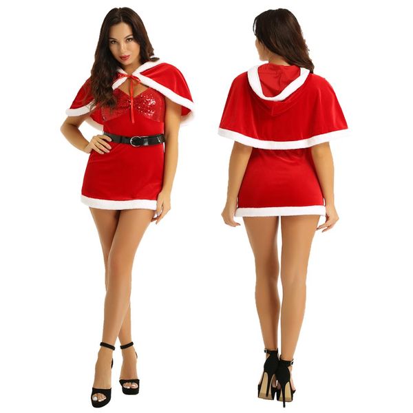 tiaobug women xmas mrs claus costume santa outfit deep v-neck sequins cosplay christmas dress with hooded cape belt set, Silver
tiaobug women xmas mrs claus costume santa outfit deep v-neck sequins cosplay christmas dress with hooded cape belt set, Silver