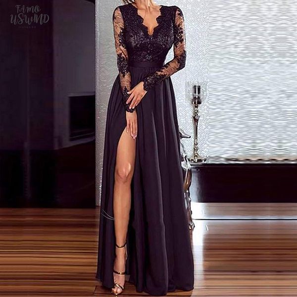 women black lace dress autumn elegant wedding party dresses v neck long sleeve split long evening party perspective ladies dress, Black;gray
women black lace dress autumn elegant wedding party dresses v neck long sleeve split long evening party perspective ladies dress, Black;gray