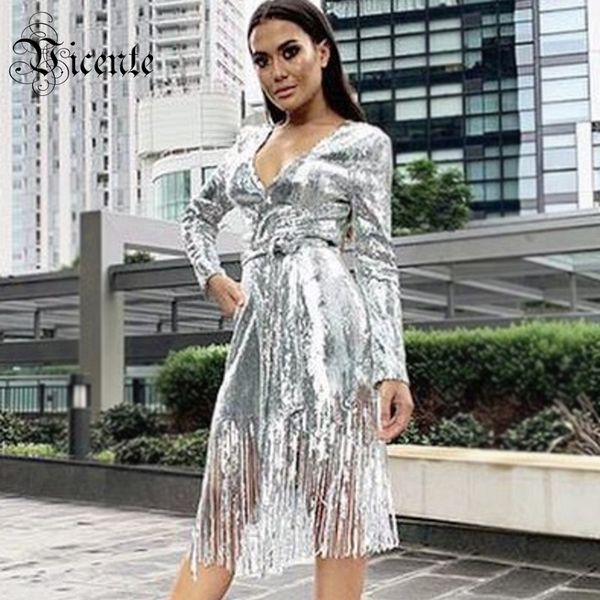 vicente all 2019 new trendy silver sequins outwear v neck with belt casual party wear women long coat, Tan;black
vicente all 2019 new trendy silver sequins outwear v neck with belt casual party wear women long coat, Tan;black