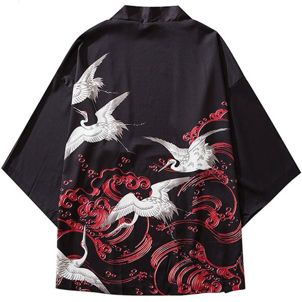 

Januarysnow Japanese Kimono Jackets Crane Lucky Red Cloud Print 2019 Mens Harajuku Streetwear Jacket Coat Hip Hop Thin Gown Japan Style New, Black