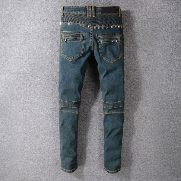 vintage washed mens biker jeans punk style studded slim fit pleated pencil pants rivet motorcycle denim pants big size trousers, Blue
vintage washed mens biker jeans punk style studded slim fit pleated pencil pants rivet motorcycle denim pants big size trousers, Blue