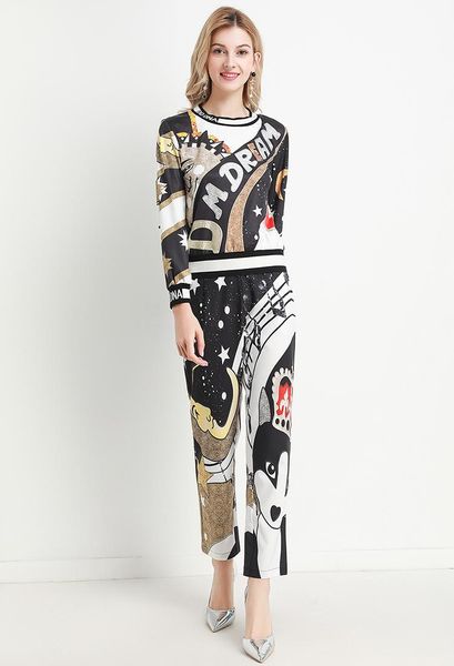 2020 runway fashion designer set spring autumn women long sleeve fantasy starry sky cartoon print +trousers two-piece suit, White
2020 runway fashion designer set spring autumn women long sleeve fantasy starry sky cartoon print +trousers two-piece suit, White