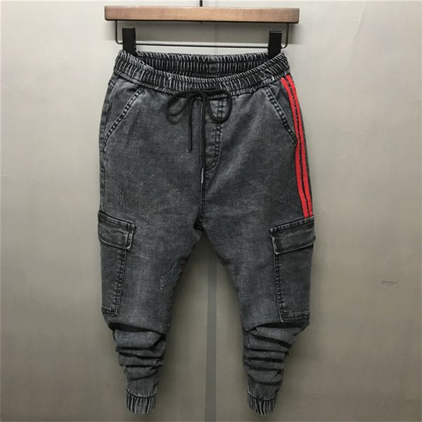 2018 new personality stick pockets men's jeans ankle-length pencil pants young boy slim fit elastic waist black gray trousers, Blue
2018 new personality stick pockets men's jeans ankle-length pencil pants young boy slim fit elastic waist black gray trousers, Blue