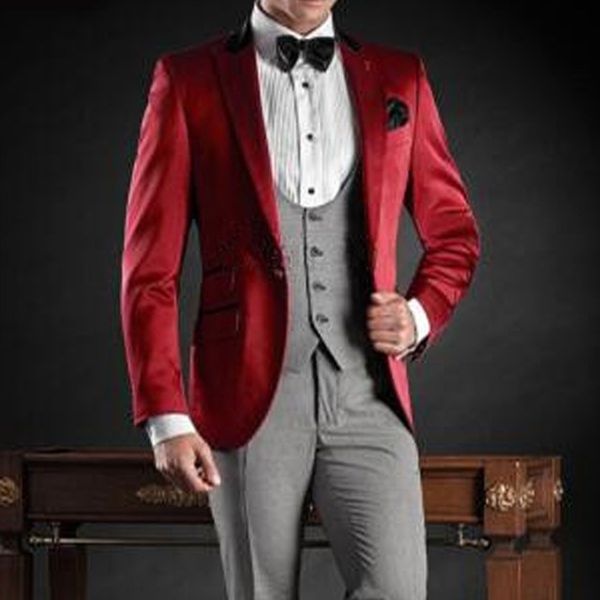 three piece red wedding groomsmen tuxedos for groom wear peaked lapel jacket gray vest pants custom made men suits, Black;gray
three piece red wedding groomsmen tuxedos for groom wear peaked lapel jacket gray vest pants custom made men suits, Black;gray