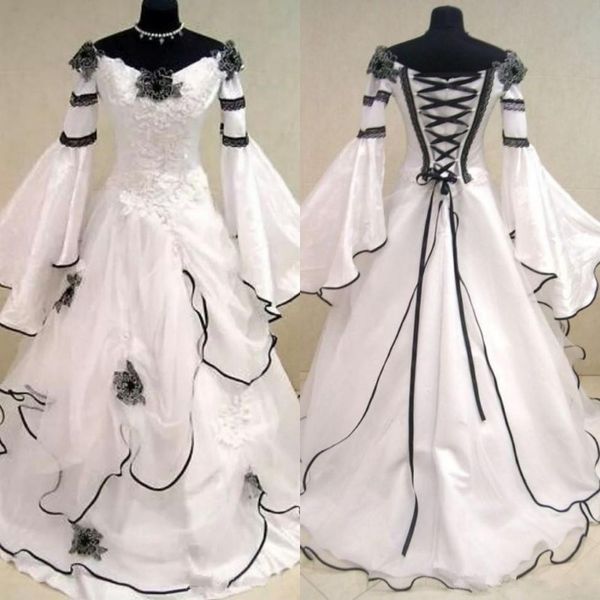 renaissance black and white vintage wedding dresses gothic vestidos de novia celtic bridal gowns with long bell sleeves
renaissance black and white vintage wedding dresses gothic vestidos de novia celtic bridal gowns with long bell sleeves