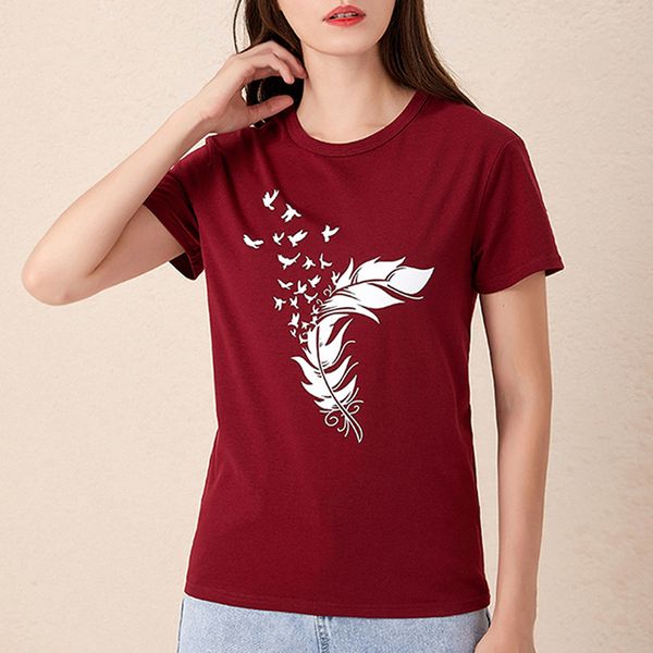 ladies o-neck short sleeve t-shirt feather print t-shirt casual loose o-collar women basic classic female tee, White
ladies o-neck short sleeve t-shirt feather print t-shirt casual loose o-collar women basic classic female tee, White