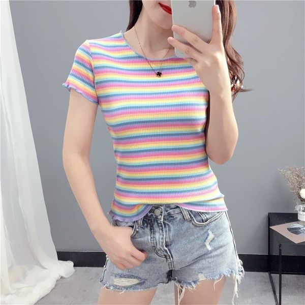 2020 women new summer fashion o-neck t-shirt female ulzzang korean style rainbow stripes loose knitted tees shirt s35, White
2020 women new summer fashion o-neck t-shirt female ulzzang korean style rainbow stripes loose knitted tees shirt s35, White