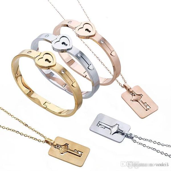 

couple jewelry set stainless steel keys concentric pendants necklace heart lock bracelets lover's birthday wedding gift with 3 colors, White