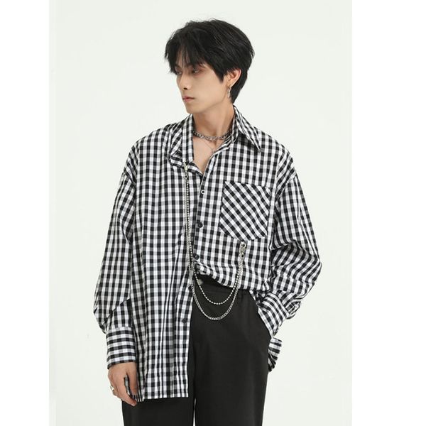 men casual long sleeve plaid shirt contain chain male women streetwear hip hop vintage fashion loose shirts, White;black
men casual long sleeve plaid shirt contain chain male women streetwear hip hop vintage fashion loose shirts, White;black