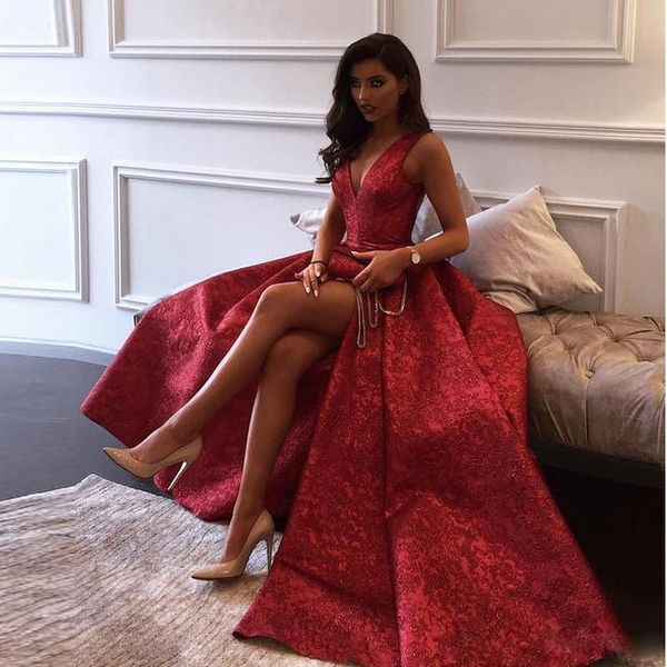 modern dark red a-line prom dresses with overskirt v neck backless lace party gown front side split celebrity dress, Black
modern dark red a-line prom dresses with overskirt v neck backless lace party gown front side split celebrity dress, Black