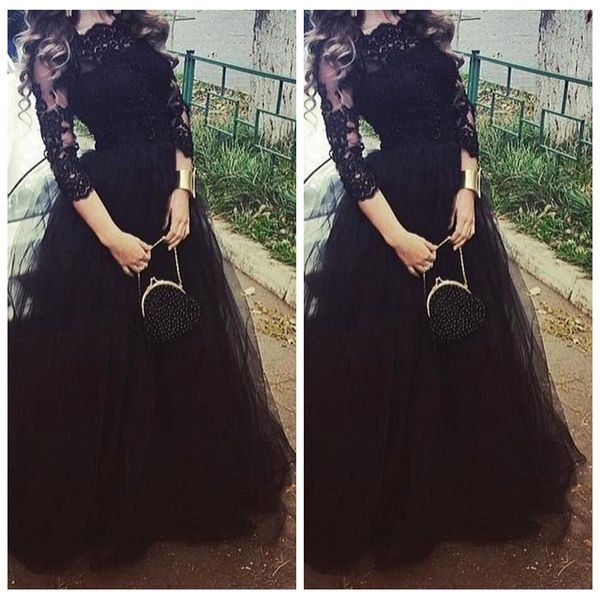 2019 half lace sleeves a-line tulle prom dresses sweep train long special occasion party gowns formal vestidos de soiree evening dress, Black
2019 half lace sleeves a-line tulle prom dresses sweep train long special occasion party gowns formal vestidos de soiree evening dress, Black