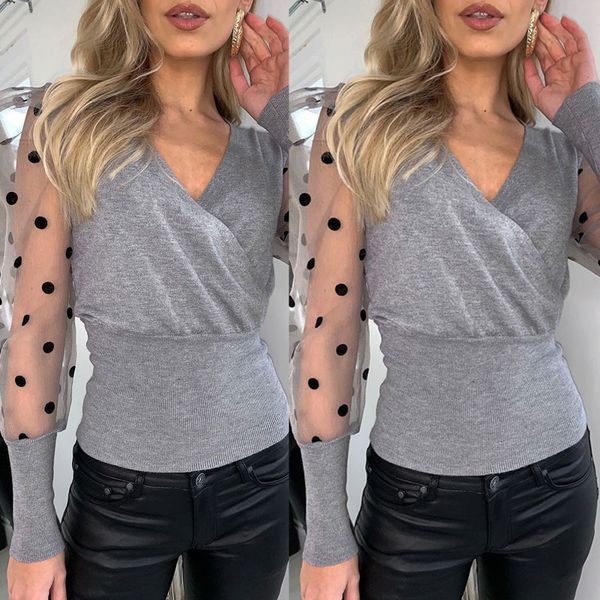 fashion women sheer mesh puff sleve blouses shirts 2020 women elegant slim polka dots patchwork knitted wrap v-neck shirts, White
fashion women sheer mesh puff sleve blouses shirts 2020 women elegant slim polka dots patchwork knitted wrap v-neck shirts, White
