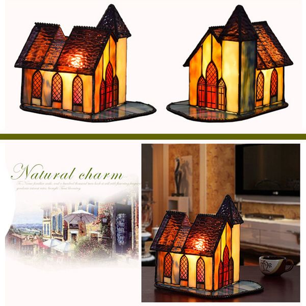 Retro Small House Glass Desk Lamps Bedroom Bedside Bar Art Night Light Tiffany Stained Glass Table Lamp Tf041