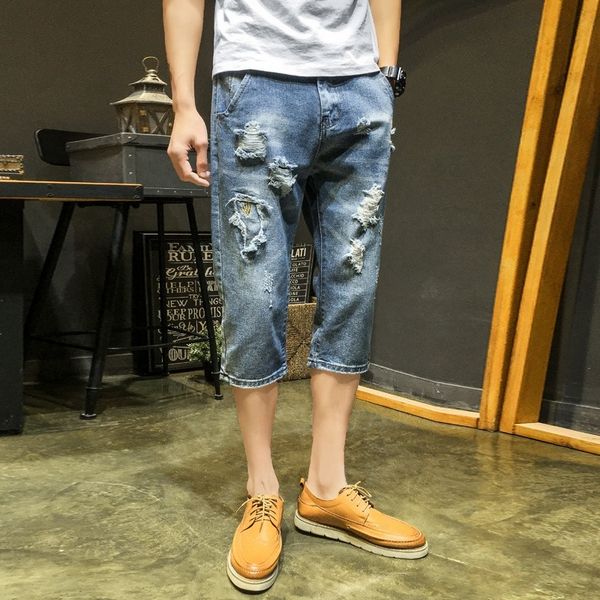 summer thin men vintage embroidery hole ripped denim fashion straight calf length casual loose fit male shorts streetwear, Blue
summer thin men vintage embroidery hole ripped denim fashion straight calf length casual loose fit male shorts streetwear, Blue