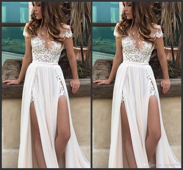 2020 new summer beach short sleeves sheer neck chiffon backless applique floor length high split wedding gowns elegant wedding dresses cheap, White
2020 new summer beach short sleeves sheer neck chiffon backless applique floor length high split wedding gowns elegant wedding dresses cheap, White