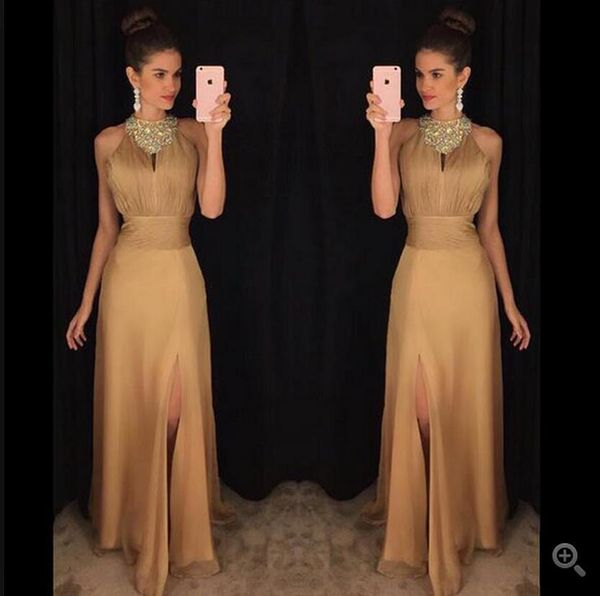 2019 prom dresses chiffon halter neck with side slit beading evening party gowns robe de soiree, Black
2019 prom dresses chiffon halter neck with side slit beading evening party gowns robe de soiree, Black