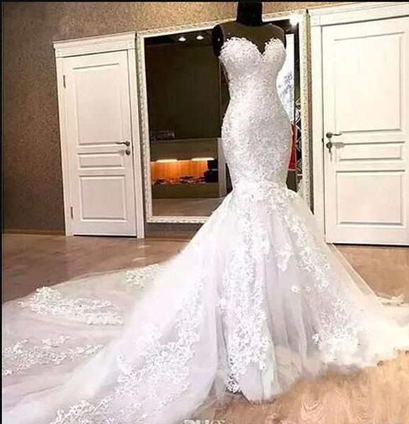 gorgeous mermaid lace wedding dresses sweetheart appliques beads long chapel train sheer neck 2019 bridal dress for women vestido de noiva, White
gorgeous mermaid lace wedding dresses sweetheart appliques beads long chapel train sheer neck 2019 bridal dress for women vestido de noiva, White