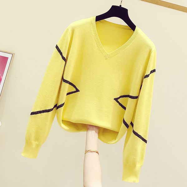 2019 autumn winter new yellow v-neck loose sweater women's casual knitted jackets female striped knitting pullover sweaters top, White;black
2019 autumn winter new yellow v-neck loose sweater women's casual knitted jackets female striped knitting pullover sweaters top, White;black