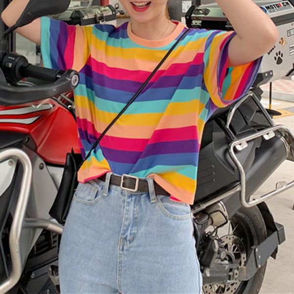 women summer half sleeve t-shirt rainbow horizontal stripes print pullover short o-neck casual loose streetwear, White
women summer half sleeve t-shirt rainbow horizontal stripes print pullover short o-neck casual loose streetwear, White