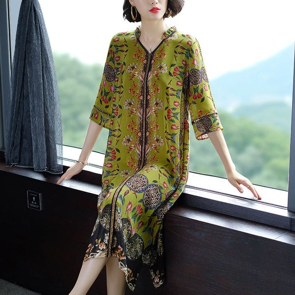 new elegant v-neck women dresses plus size vestidos feminino loose green floral printed faux silk vintage dress 3xl, Black;gray 
new elegant v-neck women dresses plus size vestidos feminino loose green floral printed faux silk vintage dress 3xl, Black;gray