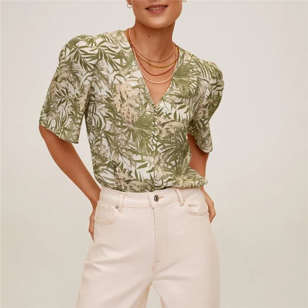 2020 tropical print summer shirt women short sleeve front section button fastening shirts flowy elegant blouse woman, White
2020 tropical print summer shirt women short sleeve front section button fastening shirts flowy elegant blouse woman, White