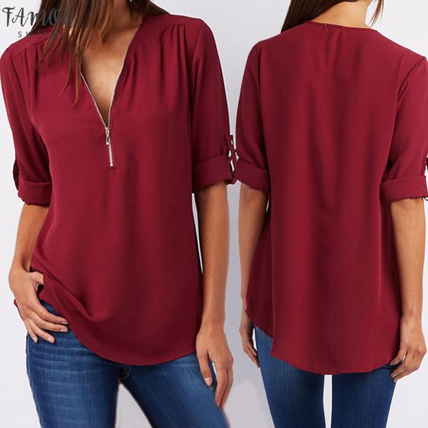 women chiffon v neck blouse summer autumn casual half sleeve solid loose zipper bluses shirts plus size, White
women chiffon v neck blouse summer autumn casual half sleeve solid loose zipper bluses shirts plus size, White