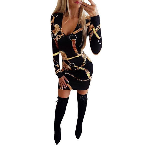 fashion autumn short dress women gold chain printed bodycon mini dress v neck long sleeve slim tight party club vestidos, White;black
fashion autumn short dress women gold chain printed bodycon mini dress v neck long sleeve slim tight party club vestidos, White;black