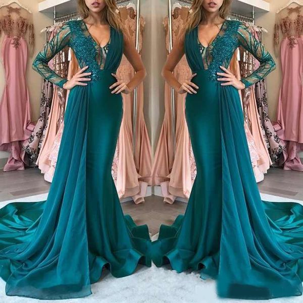 v neck mermaid prom dresses one long sleeves satin tulle appliques ruffles sweep train evening dresses, Black
v neck mermaid prom dresses one long sleeves satin tulle appliques ruffles sweep train evening dresses, Black