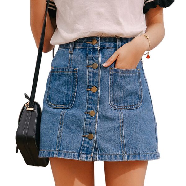 

aprilgrass бренд джинсовая юбка высокая талия a-line мини-юбки женщины новые поступления одинарные пуговицы карманы синяя джинсовая юбка сти, Black