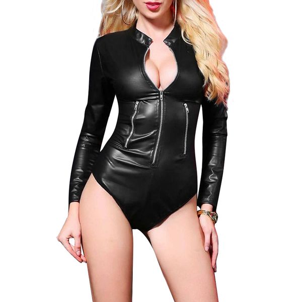 women pu leather teddy lingerie zipper up long sleeves bodycon bodysuit nightwear sleepwear for women bodysuit, Black
women pu leather teddy lingerie zipper up long sleeves bodycon bodysuit nightwear sleepwear for women bodysuit, Black