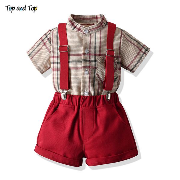 and fashion new infant boys gentleman clothing sets casual short sleeve plaid shirt +suspender shorts outfits bebes, White
