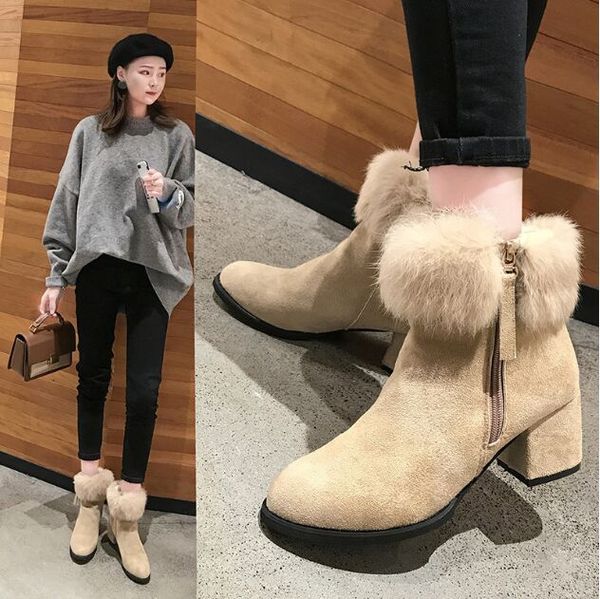 early winter shoes faux fur boots medium heeled short boots square heel chunky heel shoes, Black
early winter shoes faux fur boots medium heeled short boots square heel chunky heel shoes, Black