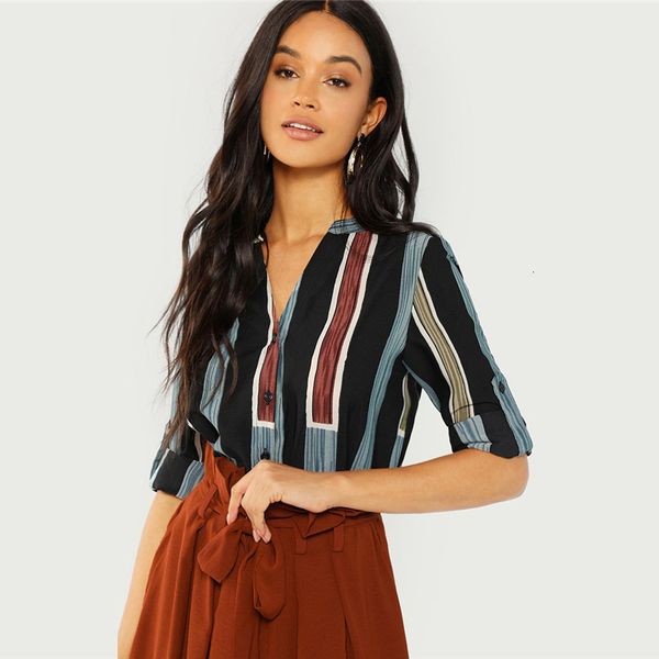 women blouse women clothes multicolor cotton v cut striped casual roll up sleeve button placket blouse women autumn elegant workwear, White
women blouse women clothes multicolor cotton v cut striped casual roll up sleeve button placket blouse women autumn elegant workwear, White