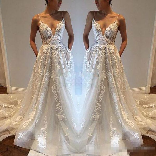 2019 new wedding dresses v-neck appliqued lace spaghetti straps open back bridal gowns beach boho vestidos de novia bride sheer, White
2019 new wedding dresses v-neck appliqued lace spaghetti straps open back bridal gowns beach boho vestidos de novia bride sheer, White