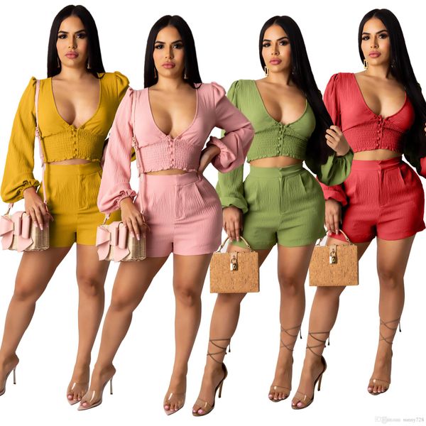 4 colors summer women shorts sets 2020 deep v neck long sleeves pleats short t shirt with buttons casual lady two pieces shorts, Gray
4 colors summer women shorts sets 2020 deep v neck long sleeves pleats short t shirt with buttons casual lady two pieces shorts, Gray