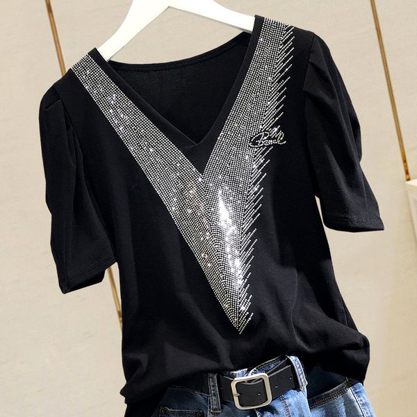 fashion diamond v-neck t-shirt woman 2020 summer new puff sleeve shiny black ladies slim t shirts tees, White
fashion diamond v-neck t-shirt woman 2020 summer new puff sleeve shiny black ladies slim t shirts tees, White