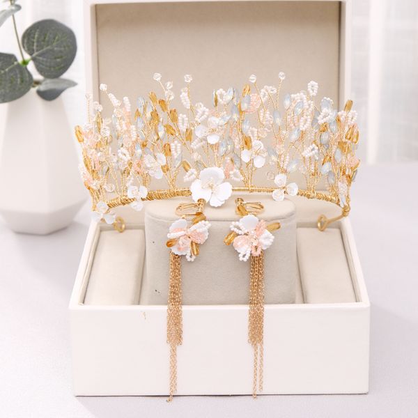 gold tiara and crown for queen princess flower handmade crystal diadem tassel earrings wedding hair jewelry pearl accessories, Golden;white
gold tiara and crown for queen princess flower handmade crystal diadem tassel earrings wedding hair jewelry pearl accessories, Golden;white