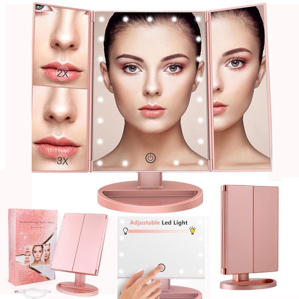 trifold vanity makeup mirror with 22 led lights 3x/2x magnification mirror touch screen rotation beauty led lighted makeup mirror cosmetics
trifold vanity makeup mirror with 22 led lights 3x/2x magnification mirror touch screen rotation beauty led lighted makeup mirror cosmetics
