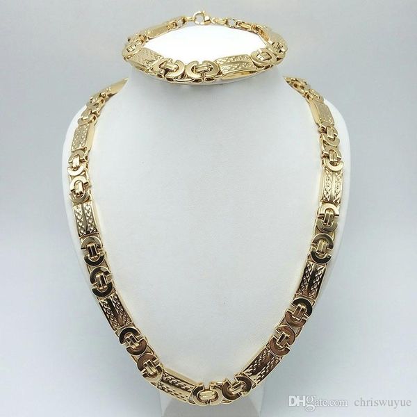 customized 18k gold plated flat byzantine jewelry set 11mm width silver stainless steel necklace and bracelet for men np277
customized 18k gold plated flat byzantine jewelry set 11mm width silver stainless steel necklace and bracelet for men np277