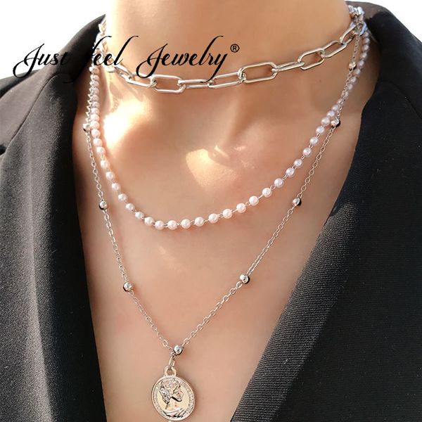 

just feel statement coin pendant multi-layer choker necklace for women vintage simulated pearl silver chains 2019 jewelry gifts