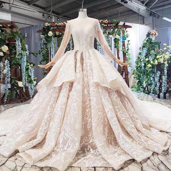 2019 new luxury wedding dresses long tulle sleeve illusion o neck illusion back side lace up back ruffle tassel beaded bridal gowns garden, White
2019 new luxury wedding dresses long tulle sleeve illusion o neck illusion back side lace up back ruffle tassel beaded bridal gowns garden, White