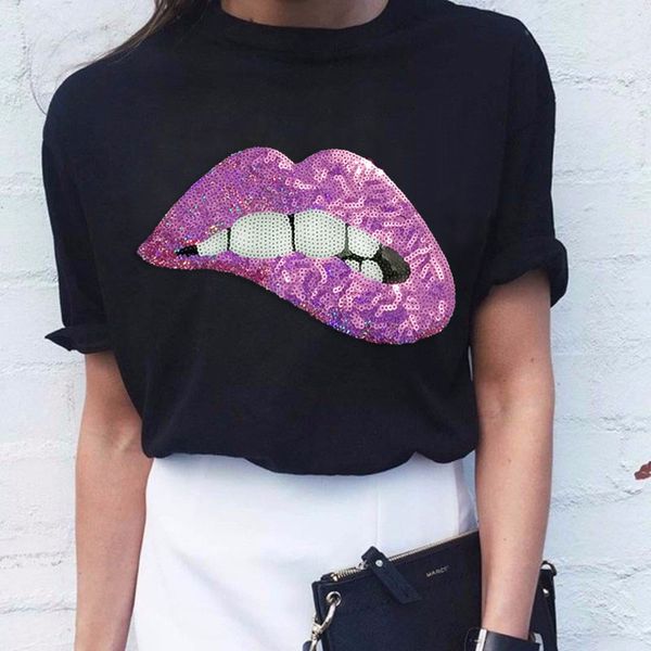 2019 new brand spring summer fashion loose letter print t-shirt embroidered pink lips sequins leisure lips t-shirt, White
2019 new brand spring summer fashion loose letter print t-shirt embroidered pink lips sequins leisure lips t-shirt, White