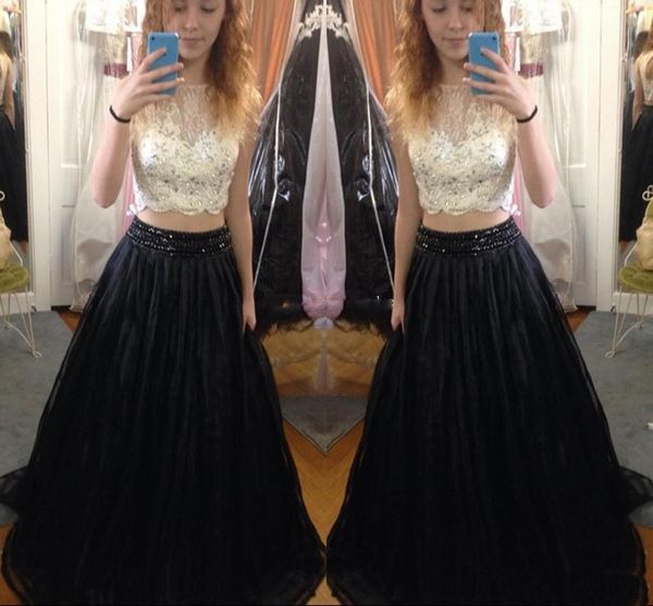 two pieces prom dresses a line lace crystals women party dresses scoop neck sleeveless sweep train formal evening gowns, Black
two pieces prom dresses a line lace crystals women party dresses scoop neck sleeveless sweep train formal evening gowns, Black
