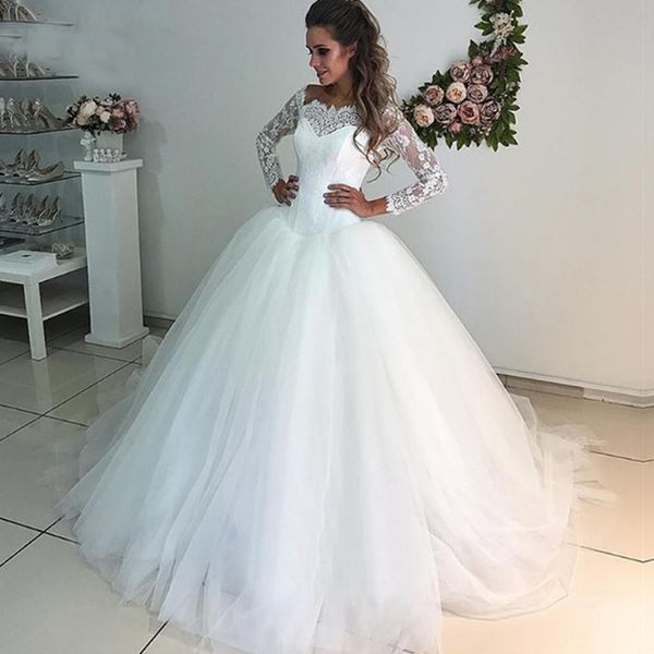 2019 puffy a line wedding dresses long sleeves appliques lace tulle bride dress wedding gown bridal gown robe de mariee, White 
2019 puffy a line wedding dresses long sleeves appliques lace tulle bride dress wedding gown bridal gown robe de mariee, White