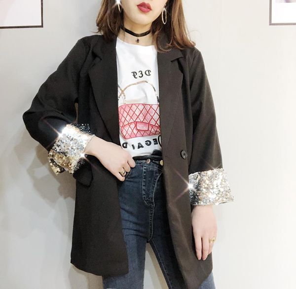 solid chic fashion medium long sequins sleeve trim loose blazer jacket women suit, White;black
solid chic fashion medium long sequins sleeve trim loose blazer jacket women suit, White;black