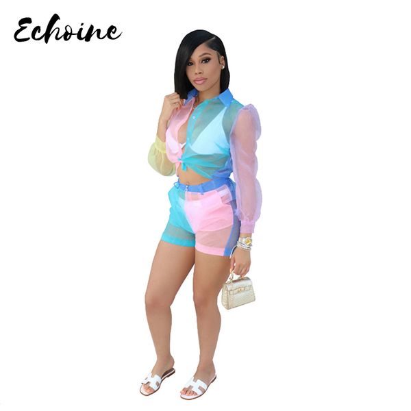 echoine women organza see though long sleeve blouses shirts and shorts 2 two piece set fashion color patchwork outfits, White
echoine women organza see though long sleeve blouses shirts and shorts 2 two piece set fashion color patchwork outfits, White