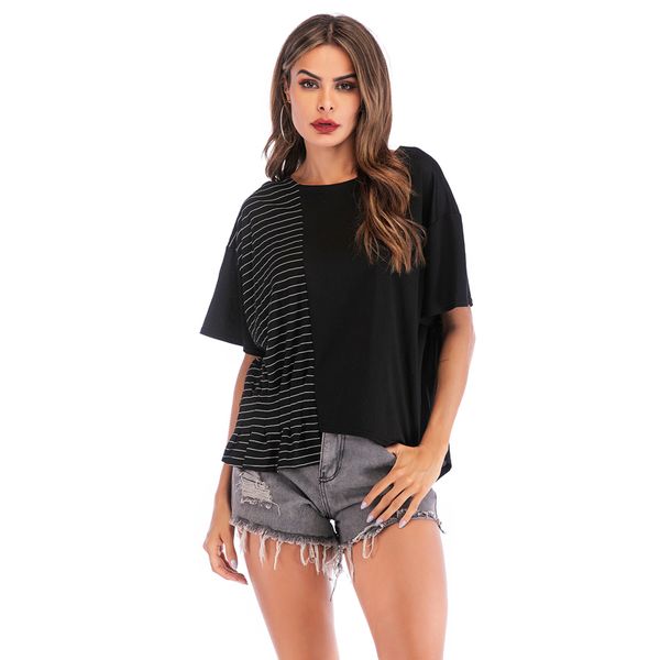 2019 european and american fashion t-shirt spliced stripes irregular loose female summer bat sleeve v-neck t-shirt, White
2019 european and american fashion t-shirt spliced stripes irregular loose female summer bat sleeve v-neck t-shirt, White
