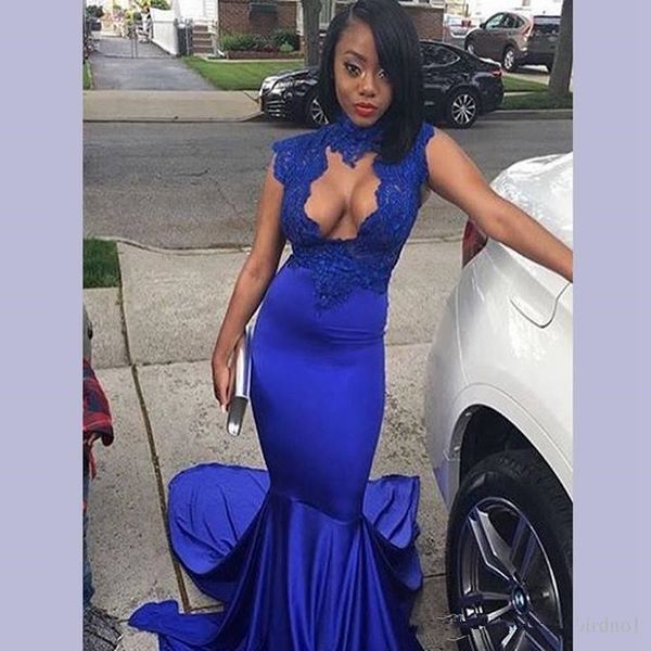 high neck royal blue mermaid prom dresses with keyhole front bodice long sleeveless designer prom gowns custom made, Black
high neck royal blue mermaid prom dresses with keyhole front bodice long sleeveless designer prom gowns custom made, Black